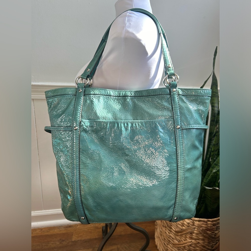 COACH Aubrey Tote Aqua Marine 2 Toned Patent Leather Shoulder Bag - Picture 2 of 14